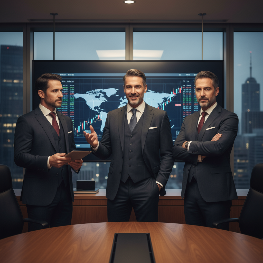 Professional men in their early 40s, business setting, conveying leadership and confidence, appealing to male finance executives